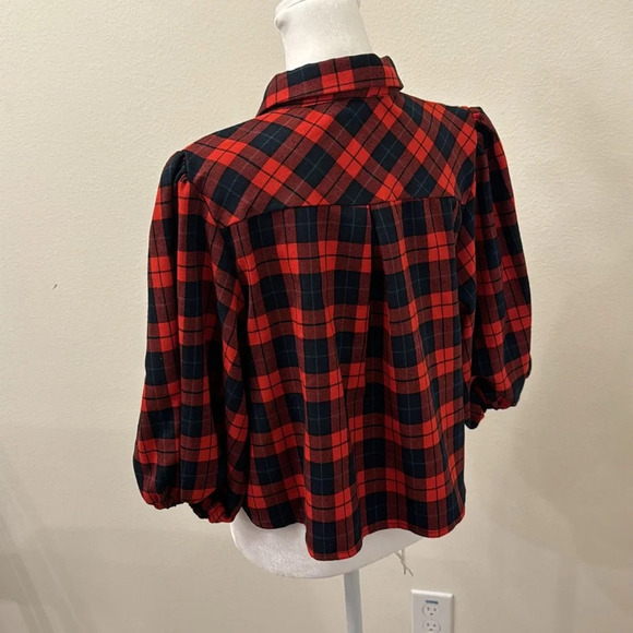 AQUA Plaid Crop Button Down Shirt Red Navy - Picture 7 of 9